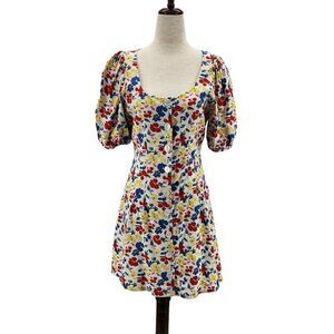 Rixo X Target Linen Blend Floral Puffed Sleeve Multicolor Mini Dress Womens 4